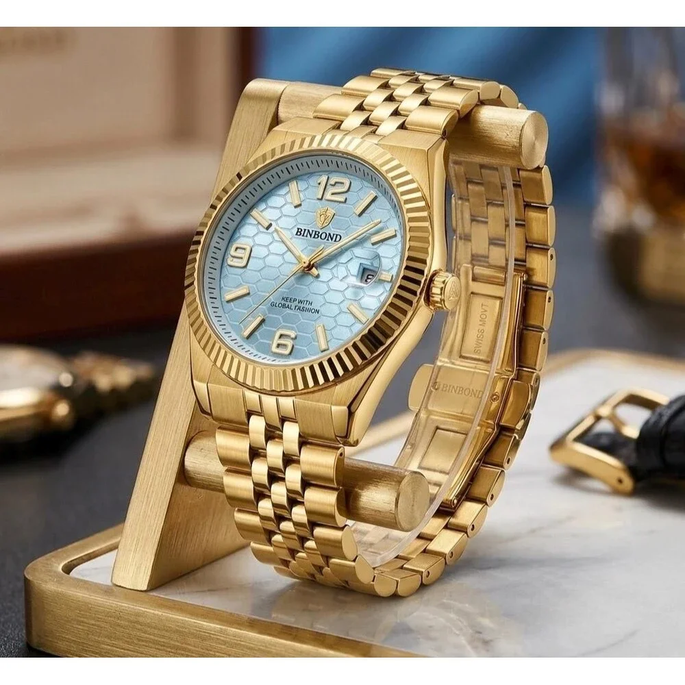 Mens Gold Stainless Steel Watch: Ice Blue Honeycomb Dial, Fluted Bezel, Quartz